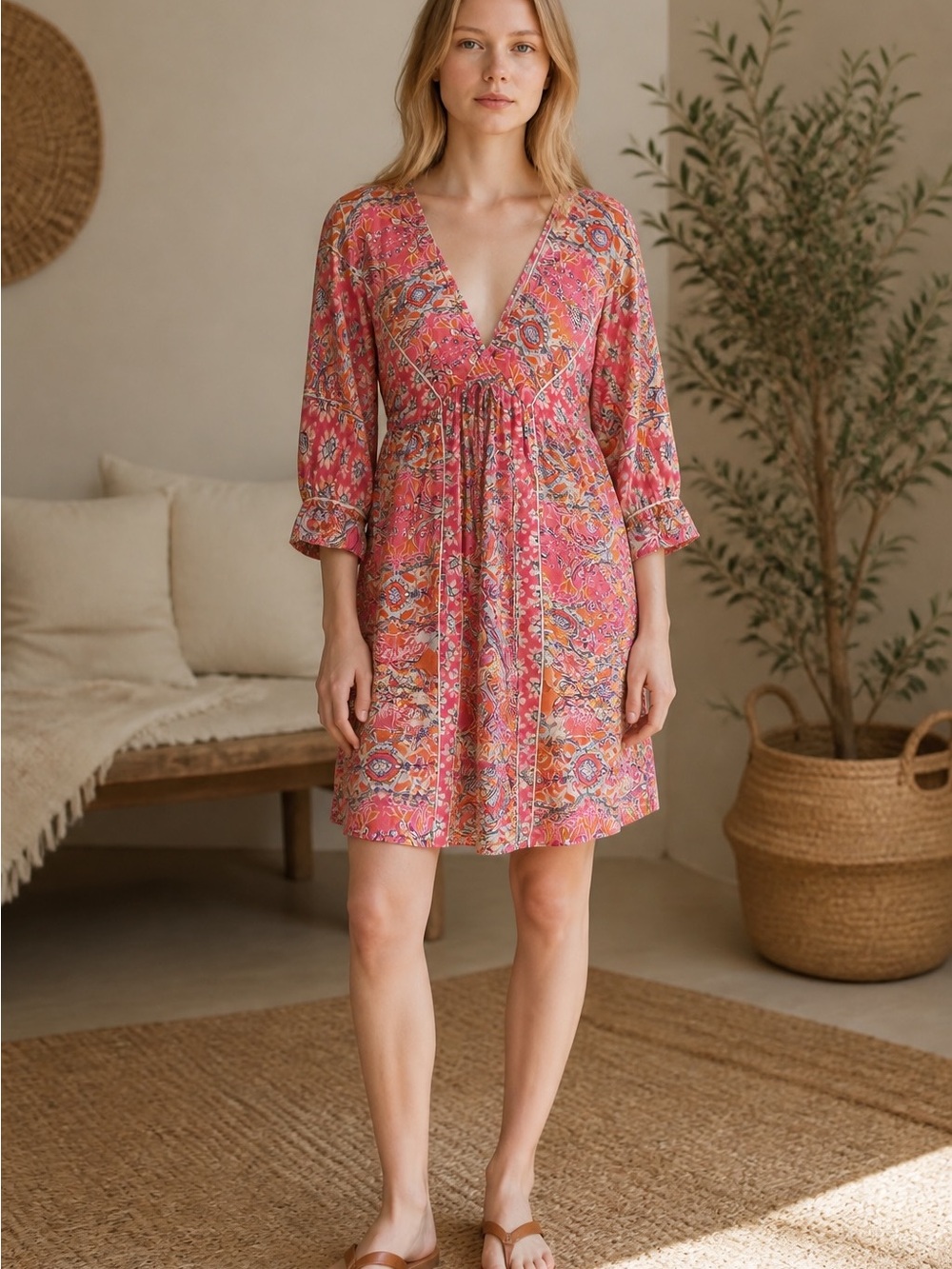 ePretty Pink Orange Floral Midi Dress